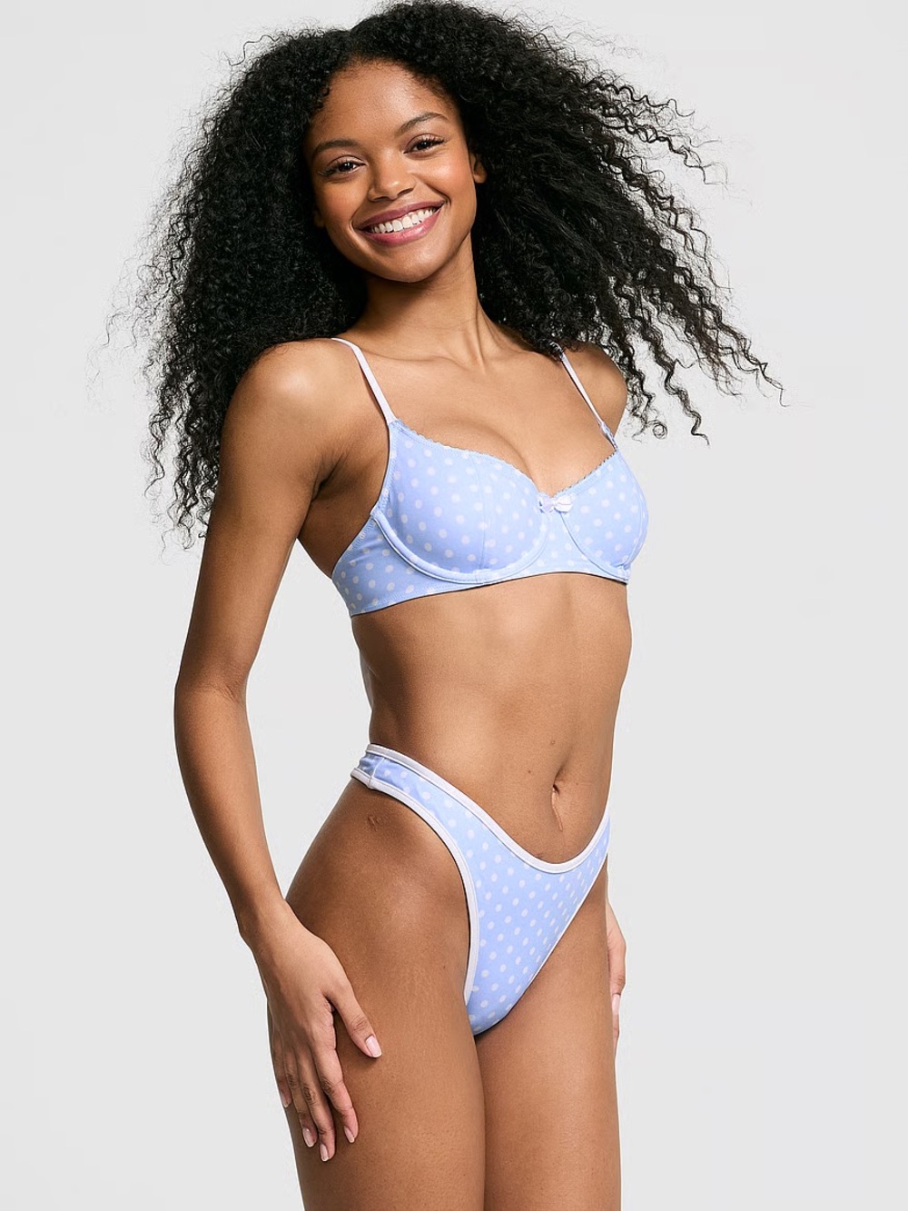 Frankie’s Bikinis Polka Dot Light Blue Bikini Set with Cream Trim